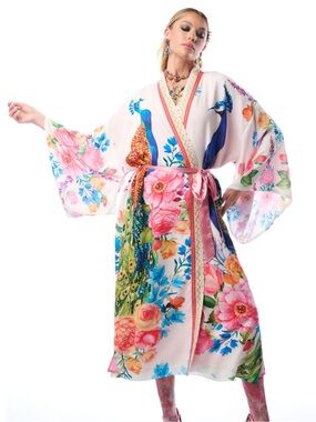 Aratta Pink Floral Peacock Kimono Robe